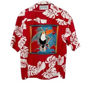 Vtg Newport Blue Red Hawaiian Toucan Floral Print Camp Shirt Mens M Button Up